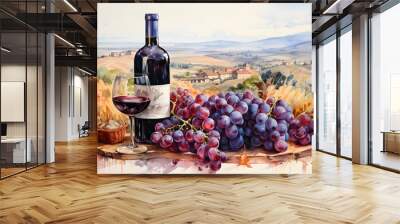 Bunch of blue grapes, red wine bottle and wine glass on landscape with hills and vineyards, Italy. Watercolor or aquarelle painting illustration.	 Wall mural