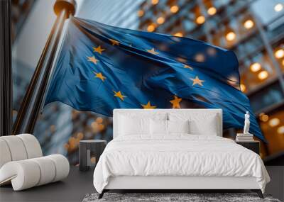 European Union flag waving in the city. European Union flag, symbolizing democratic voting in EU elections. European Union flag fluttering against a backdrop of modern glass buildings	 Wall mural