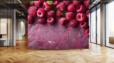 Fresh raspberries with mint on pink textured background. Raspberries background. Close up of fresh red raspberries background. Top view. Healthy food concept.  Wall mural