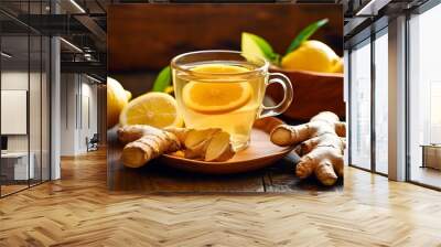 Ginger tea with lemon and honey on a wooden table Wall mural