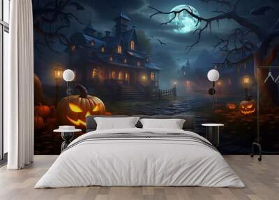 Halloween background with pumpkins and haunted house - 3D render. Halloween background with Evil Pumpkin. Spooky scary dark Night forrest. Holiday event halloween banner background concept	
 Wall mural