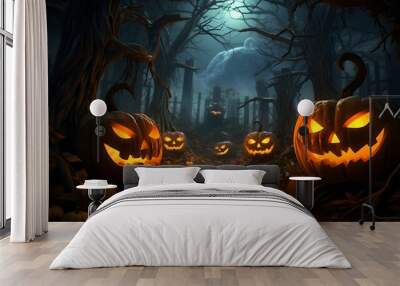 Halloween pumpkins in the forest at night.Halloween background with Evil Pumpkin. Spooky scary dark Night forrest.  Wall mural