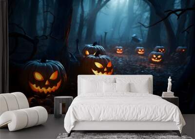 Halloween pumpkins in the forest at night.Halloween background with Evil Pumpkin. Spooky scary dark Night forrest. Holiday event halloween banner background concept Wall mural