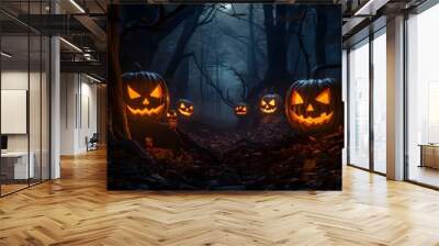 Halloween pumpkins in the forest at night.Halloween background with Evil Pumpkin. Spooky scary dark Night forrest. Holiday event halloween banner background concept Wall mural