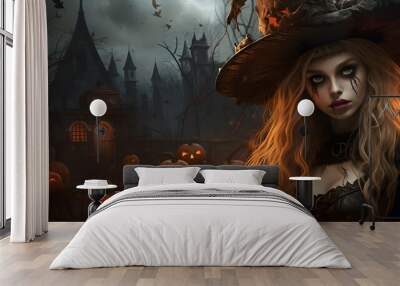 Halloween witch with pumpkins and haunted house. 3D illustration. Halloween background with witch. Wall mural