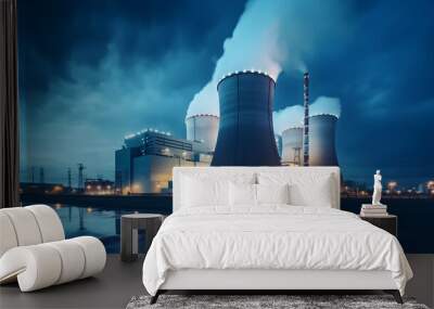 Nuclear Power plant at night with chimneys and cooling towers, industrial landscape Wall mural