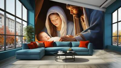 Portrait of Mary and Joseph with baby Jesus. Nativity of Jesus. Beautiful Christmas concept. Nativity scene: Saint Mary and Jospeh with the newborn Jesus Christ Wall mural