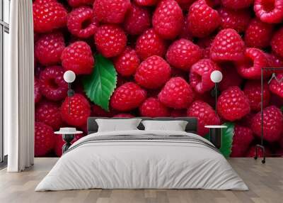 Raspberries background. Close up of fresh red raspberries background. Top view. Healthy food concept. Beautiful selection of freshly picked ripe red raspberries. Wall mural