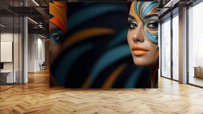 Two Beautiful women with multicolor face art on dark background Wall mural