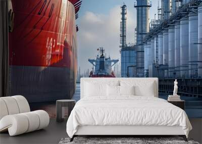 Two large cargo ships docked beside industrial oil storage tanks under clear sky, highlighting global trade and energy sector Wall mural