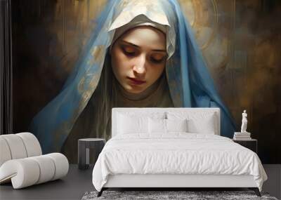 Virgin Mary, religious painting illustration. The image of the Blessed Virgin Mary. The image of the Blessed Virgin Mary with her hands folded in prayer. Wall mural