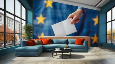 Voting concept - Ballot box on the European Union flag background. Election in European Union. Woman putting her vote in the ballot box. Wall mural