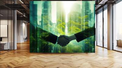 Sustainability in business, two partner are shaking hands in office, Deal, Collaborative teamwork, Environmental, climate change, blur green forrest background, negotiation. Generative Ai Wall mural