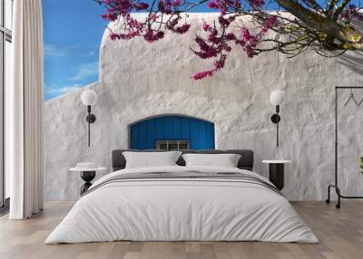 Mediterranean traditional architecture in Ibiza: beatiful small white house with blue door Wall mural