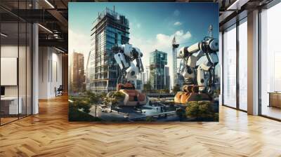 generative AI. Modern robots build office buildings Wall mural