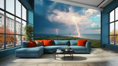 Lightning Strikes Wind Turbine Over Coastal Landscape. Wall mural