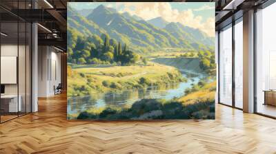 A river flowing through a grassy valley. The sky is filled with fluffy clouds and tall mountains rise in the background Wall mural