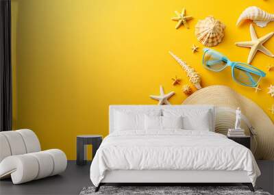 Abstract summer background with colorful beach accessories, sunglasses and hat on yellow color paper. Flat lay top view of tropical vacation concept with copy space for text Wall mural