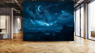 Beautiful night sky with crescent moon and clouds. Night background. Blue illumination light Wall mural