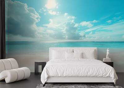 Beautiful white sand beach and blue sky with clouds in the background, summer vacation concept Wall mural