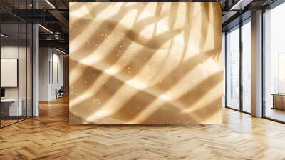 Beige sand texture with palm leaf shadow, water drops, top view, summer holiday concept Wall mural