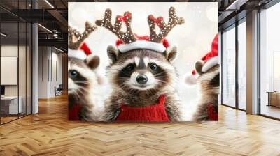 Christmas Raccoons Wearing Reindeer Antlers Wall mural