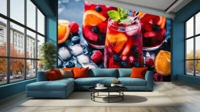 Colorful Summer Sangria with Ice and Fruit Wall mural