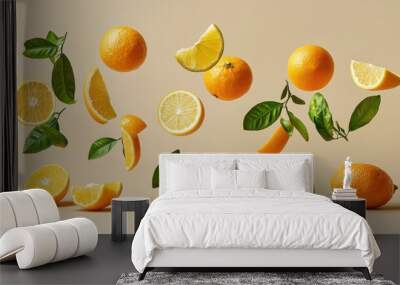 Floating citrus fruits on beige backdrop Wall mural