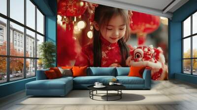 Girl Playing with Lion Dance Toy Wall mural