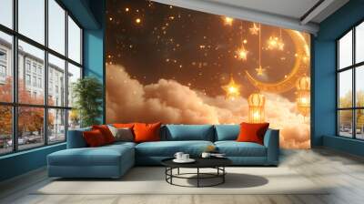 Golden islamic ornament, crescent moon and stars hanging on the cloud with glowing lantern Wall mural