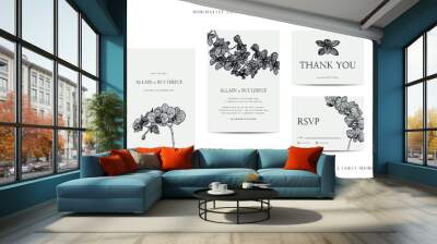 Collection of template wedding stationery with minimalist hand drawn orchid flower Wall mural