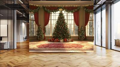 A beautifully decorated living room featuring a Christmas tree, festive ornaments, and a cozy winter atmosphere, complete with snow outside the window. Wall mural