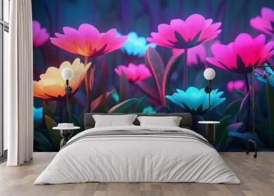 A blue and pink flower field with a blue sky in the background Wall mural