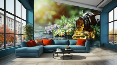 A glass bottle spills golden oil capsules amidst fresh herbs and flowers, symbolizing health, wellness, and natural remedies. Wall mural