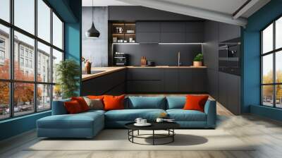 A kitchen with a white counter and black cabinets. The counter is made of marble and has a sink and a dishwasher. The cabinets are black and have a modern design Wall mural