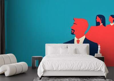 A man in a suit stands between two women, with his arms crossed. Concept of authority and power, as the man is the leader or the most important person in the scene Wall mural