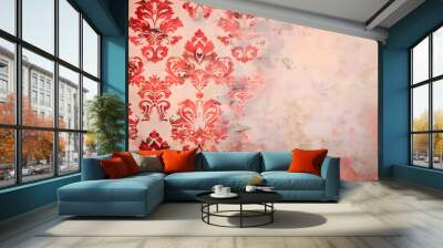 A red and white floral patterned wallpaper with a white background Wall mural