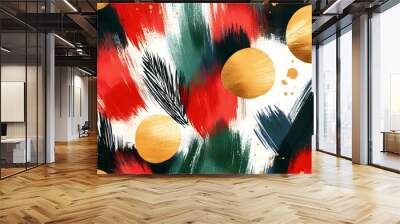 A vibrant abstract design featuring bold red, green, and gold strokes, reminiscent of festive holiday themes and natural elements. Wall mural