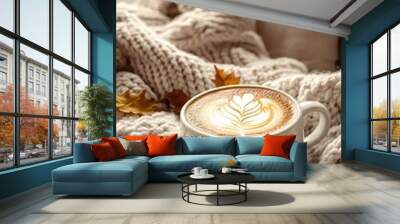 A white coffee cup with a heart design on it sits on a blanket with leaves on it Wall mural