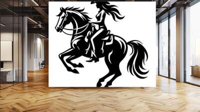 A woman is riding a horse in a western style. The horse is running and the woman is wearing a cowboy hat Wall mural