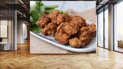 Fried Pork Larb (lab tod) in long plates on a white background.Spicy Thai food of Isan region. Wall mural