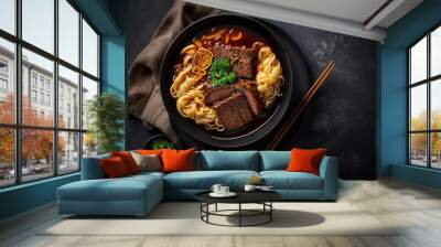 Spicy red soup beef noodle in a bowl on wooden table Wall mural