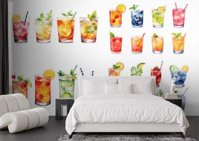 Watercolor cocktail drinks set on white background. Watercolor painting daily routine objects. Hand drawn colorful Sublimation design,white background Wall mural