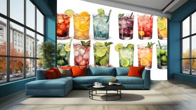 Watercolor cocktail drinks set on white background. Watercolor painting daily routine objects. Hand drawn colorful Sublimation design,white background Wall mural