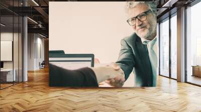 Bearded Caucasian executive manager handshaking and smiling. Content senior man in eyeglasses sitting at table and greeting unrecognizable employee. Business, company and partnership concept Wall mural