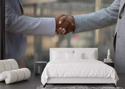 Closeup of male and female business handshake. Business man and woman shaking hands outside. Gesture or communication concept Wall mural