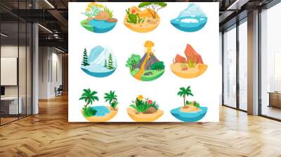 Different climate zones vector illustrations set. Desert, iceberg, river, snow mountain, flowers, island, ocean beach with palms, volcano eruption icons. Nature, travel, wildlife concept Wall mural