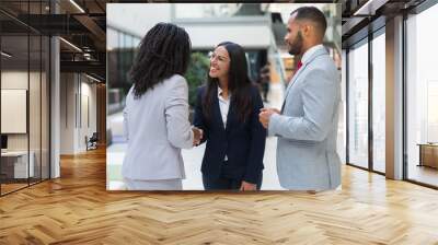 Female diverse business partners shaking hands with each other in hallway. Business man and women standing in office hall, talking and smiling. Successful partnership concept Wall mural