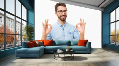 Happy joyful guy showing OK gesture with both hands. Handsome young man in casual shirt and glasses standing isolated over white background. Customer satisfaction concept Wall mural