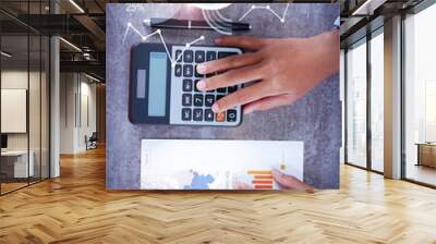 Person computing on calculator with financial analysis graphs. Woman working with diagram. Marketing concept. Cropped view. Wall mural